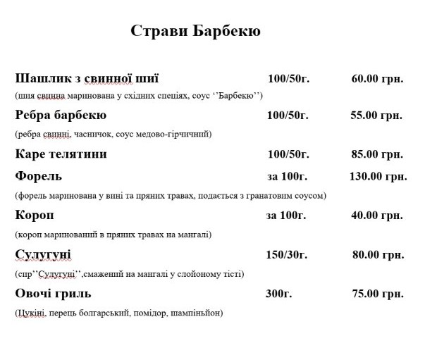 Меню Барбекю